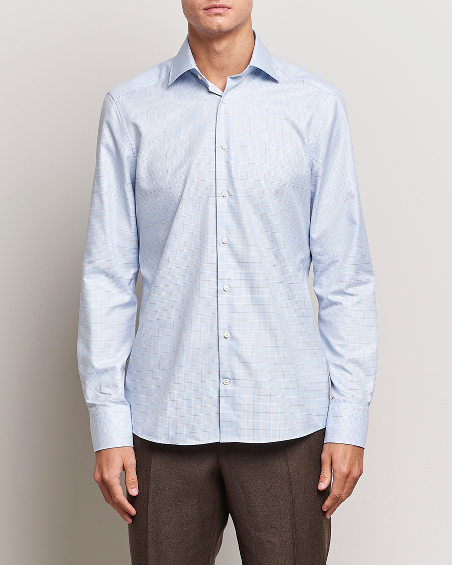 Heren | Overhemden | Stenströms | Slimline Houndstooth Checked Cut Away Shirt Blue
