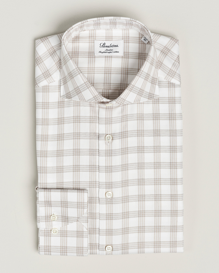 Heren | Overhemden | Stenströms | Slimline Checked Cut Away Shirt White/Brown