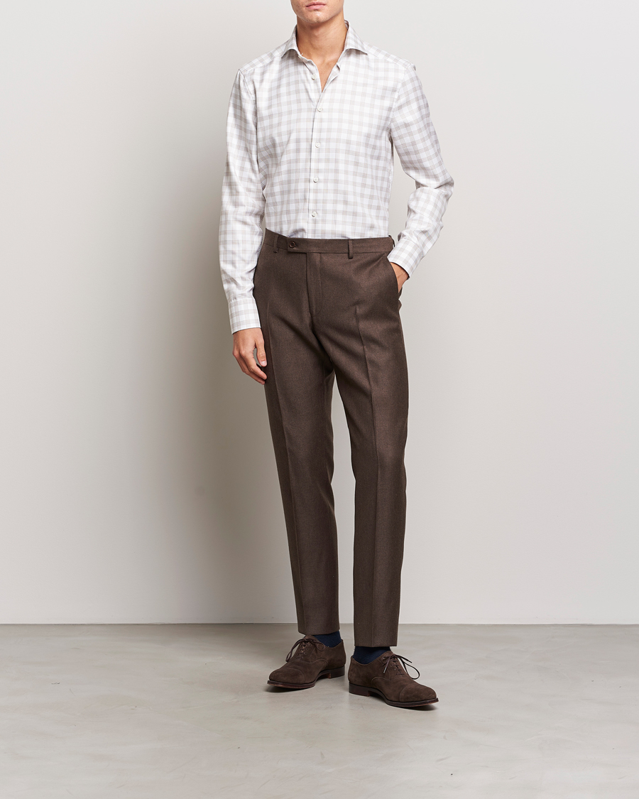 Heren | Overhemden | Stenströms | Slimline Checked Cut Away Shirt White/Brown