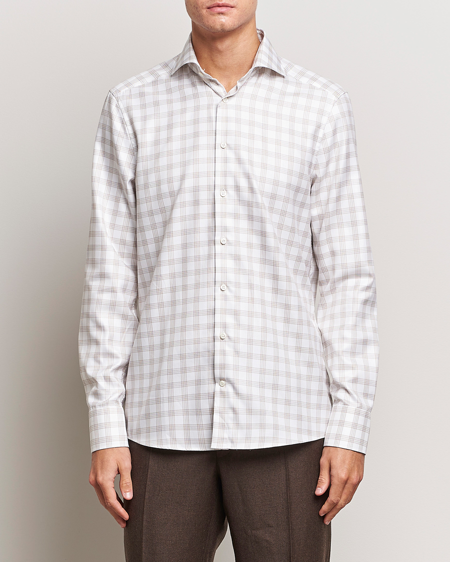 Heren | Overhemden | Stenströms | Slimline Checked Cut Away Shirt White/Brown
