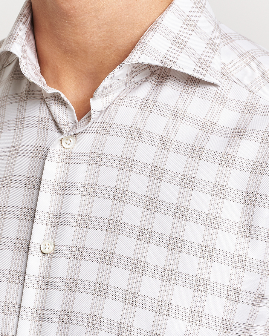 Heren | Overhemden | Stenströms | Slimline Checked Cut Away Shirt White/Brown