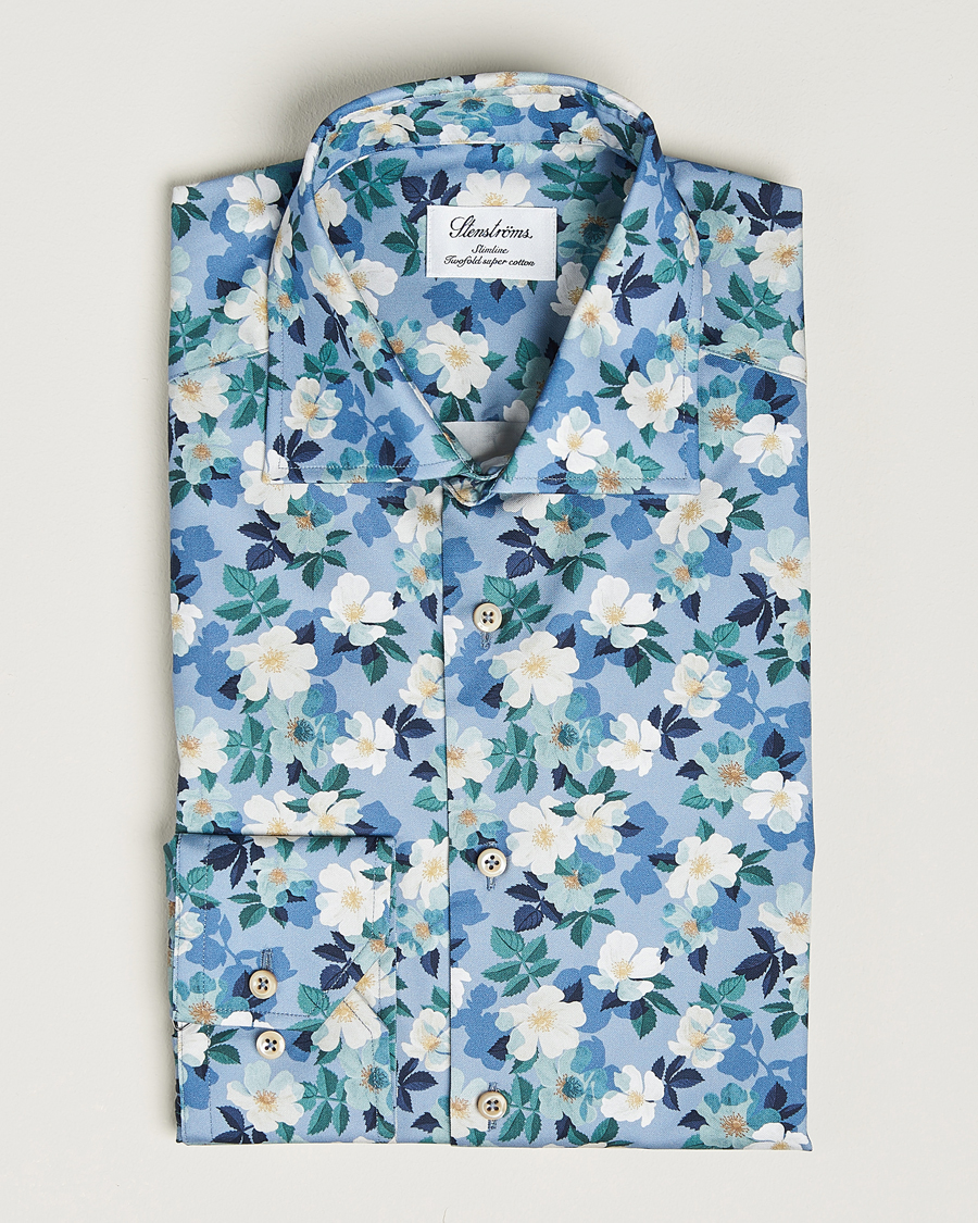 Heren | Overhemden | Stenströms | Slimline Printed Flower Cut Away Shirt Blue
