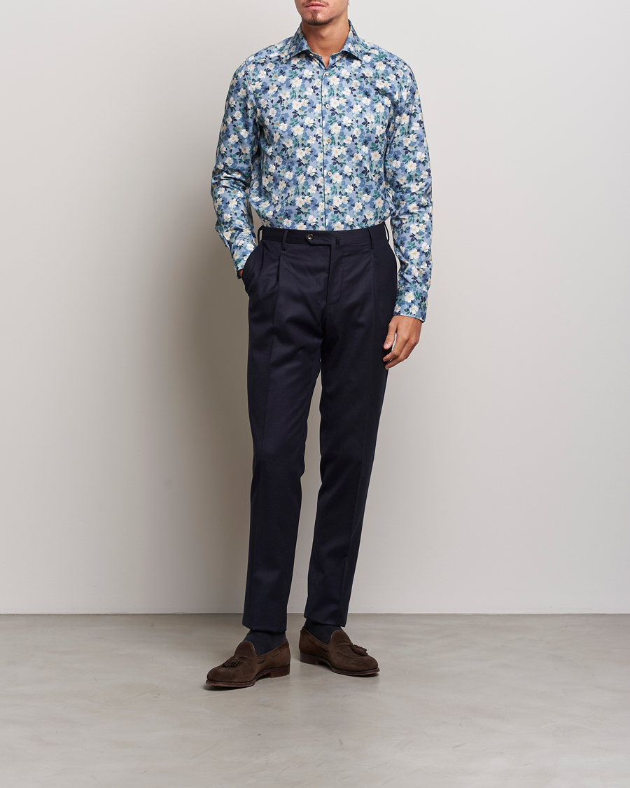 Heren | Overhemden | Stenströms | Slimline Printed Flower Cut Away Shirt Blue