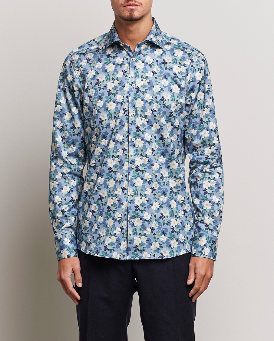 Heren | Overhemden | Stenströms | Slimline Printed Flower Cut Away Shirt Blue