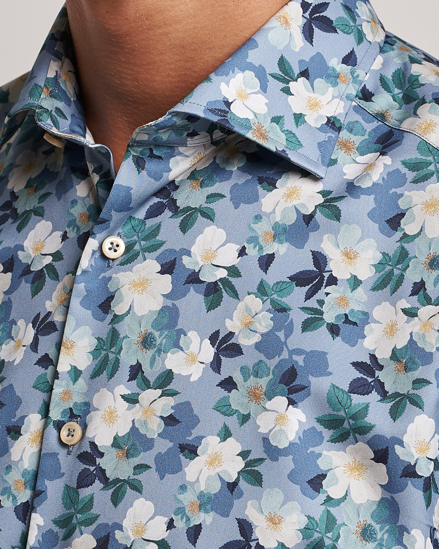 Heren | Overhemden | Stenströms | Slimline Printed Flower Cut Away Shirt Blue