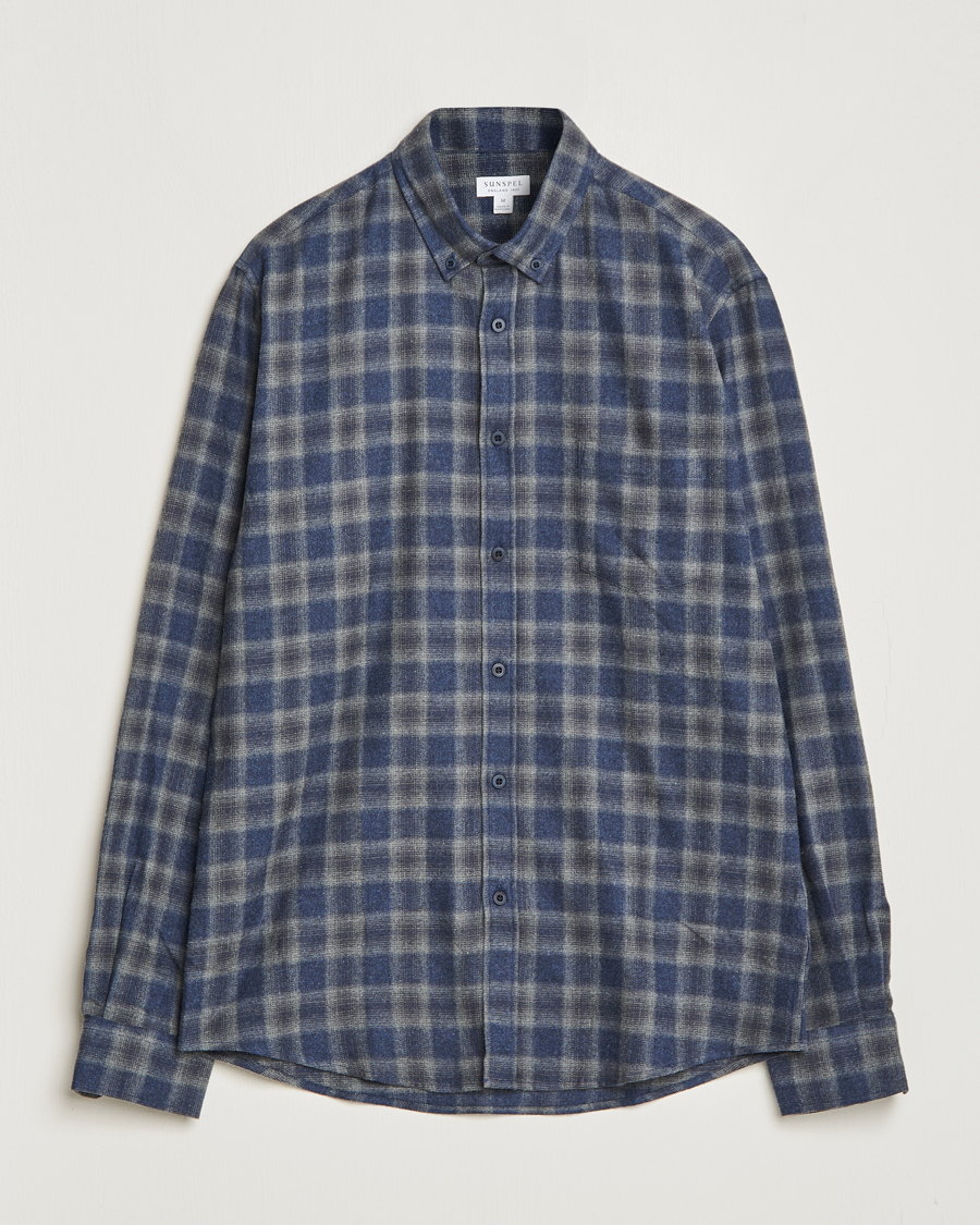 Heren | Overhemden | Sunspel | Brushed Cotton Flannel Shirt Grey/Blue Check
