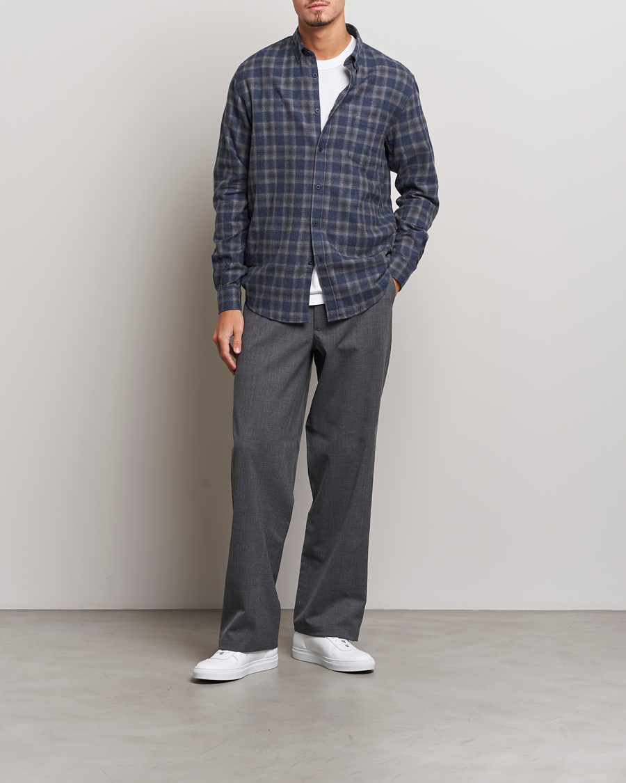 Heren | Overhemden | Sunspel | Brushed Cotton Flannel Shirt Grey/Blue Check