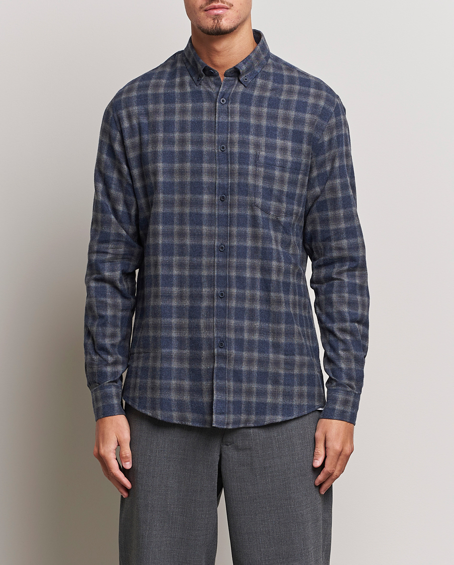 Heren | Overhemden | Sunspel | Brushed Cotton Flannel Shirt Grey/Blue Check