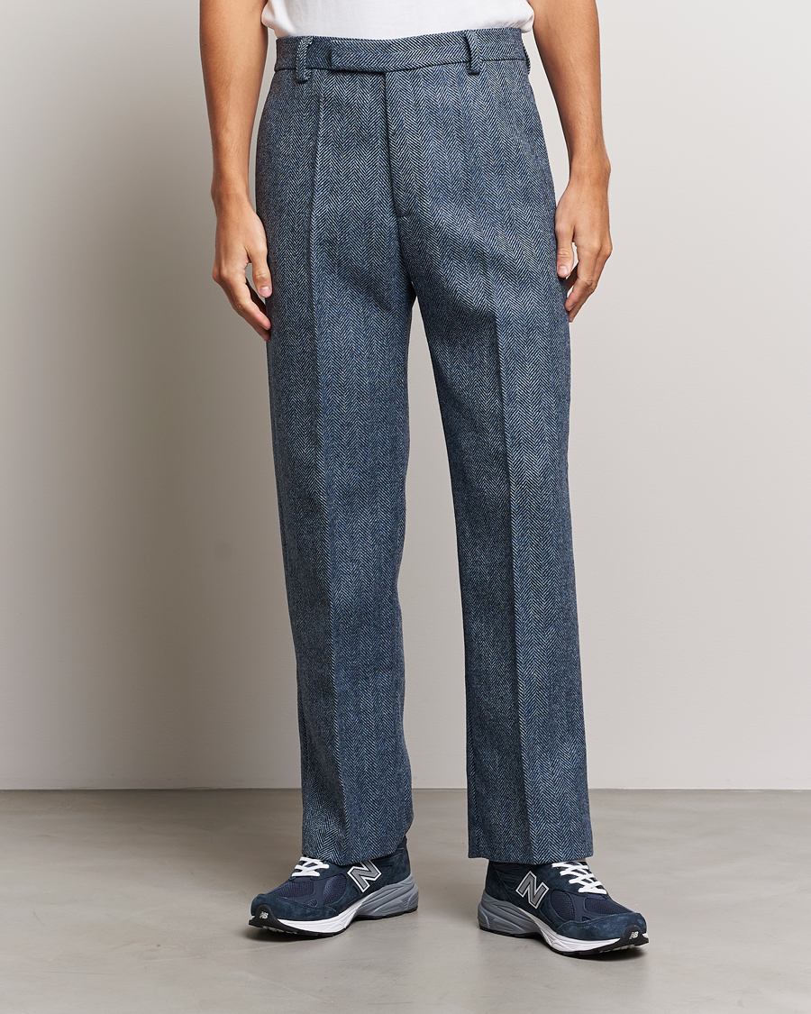 Heren | Sale -70% | Palmes | Pleated Wool Trousers Navy Herringbone