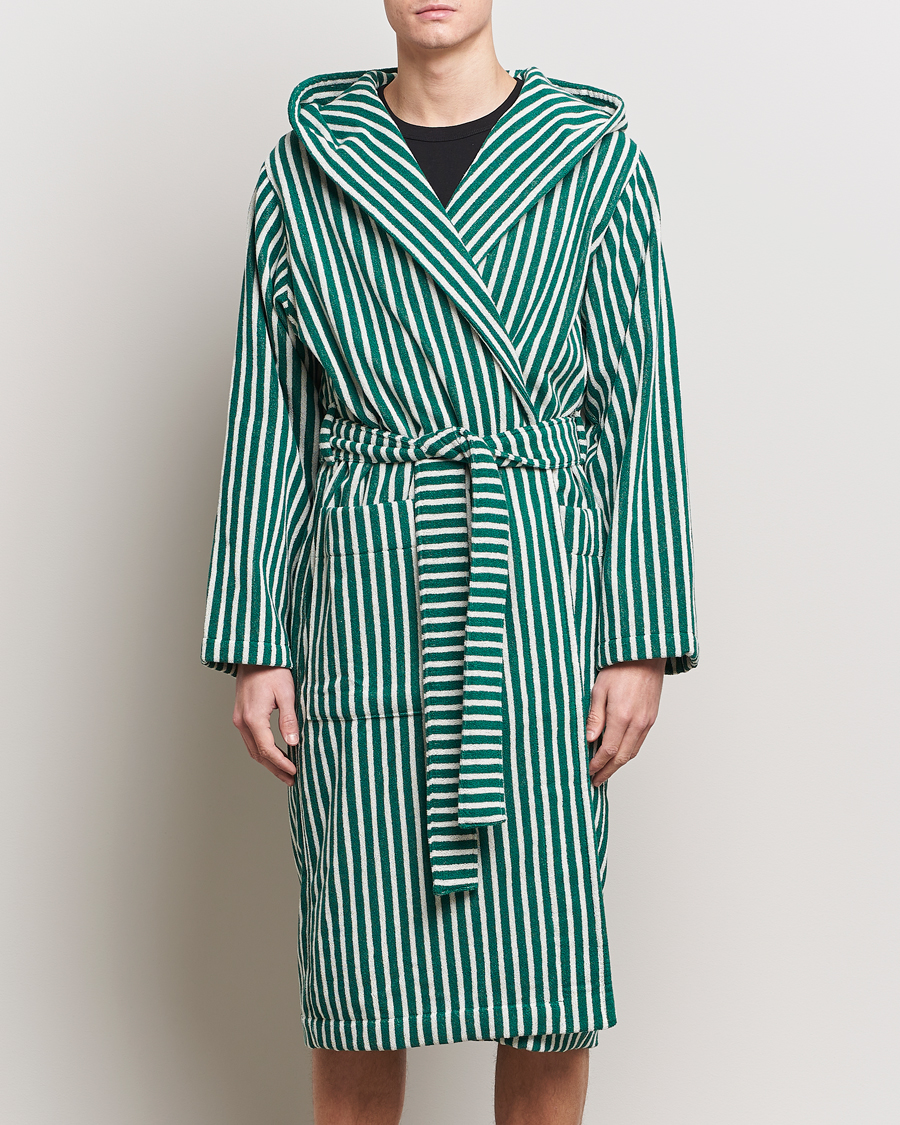 Heren | Pyjama's en gewaden | Tekla | Organic Terry Hooded Bathrobe Teal Green Stripes