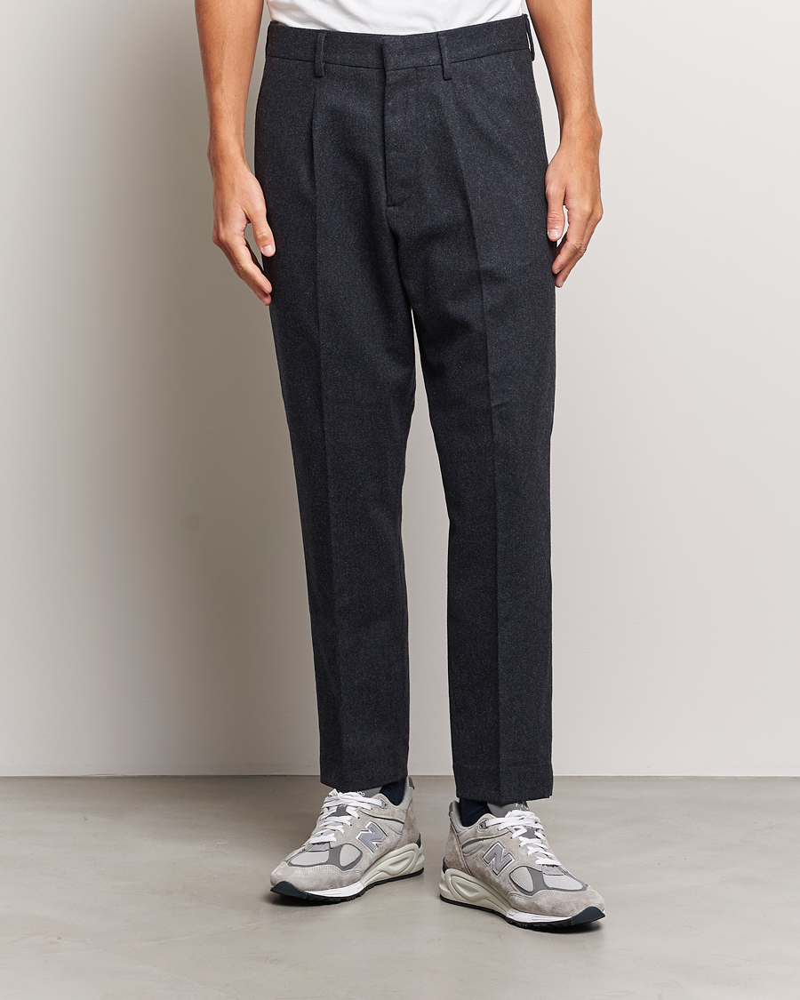 Heren |  | NN07 | Bill Brushed Flannel Pleated Trousers Navy Blue