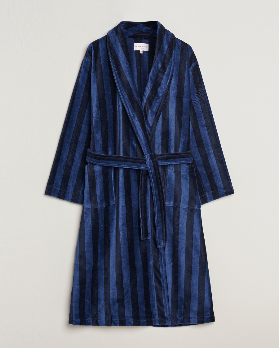 Heren | Pyjama's en gewaden | Derek Rose | Striped Cotton Velour Gown Navy