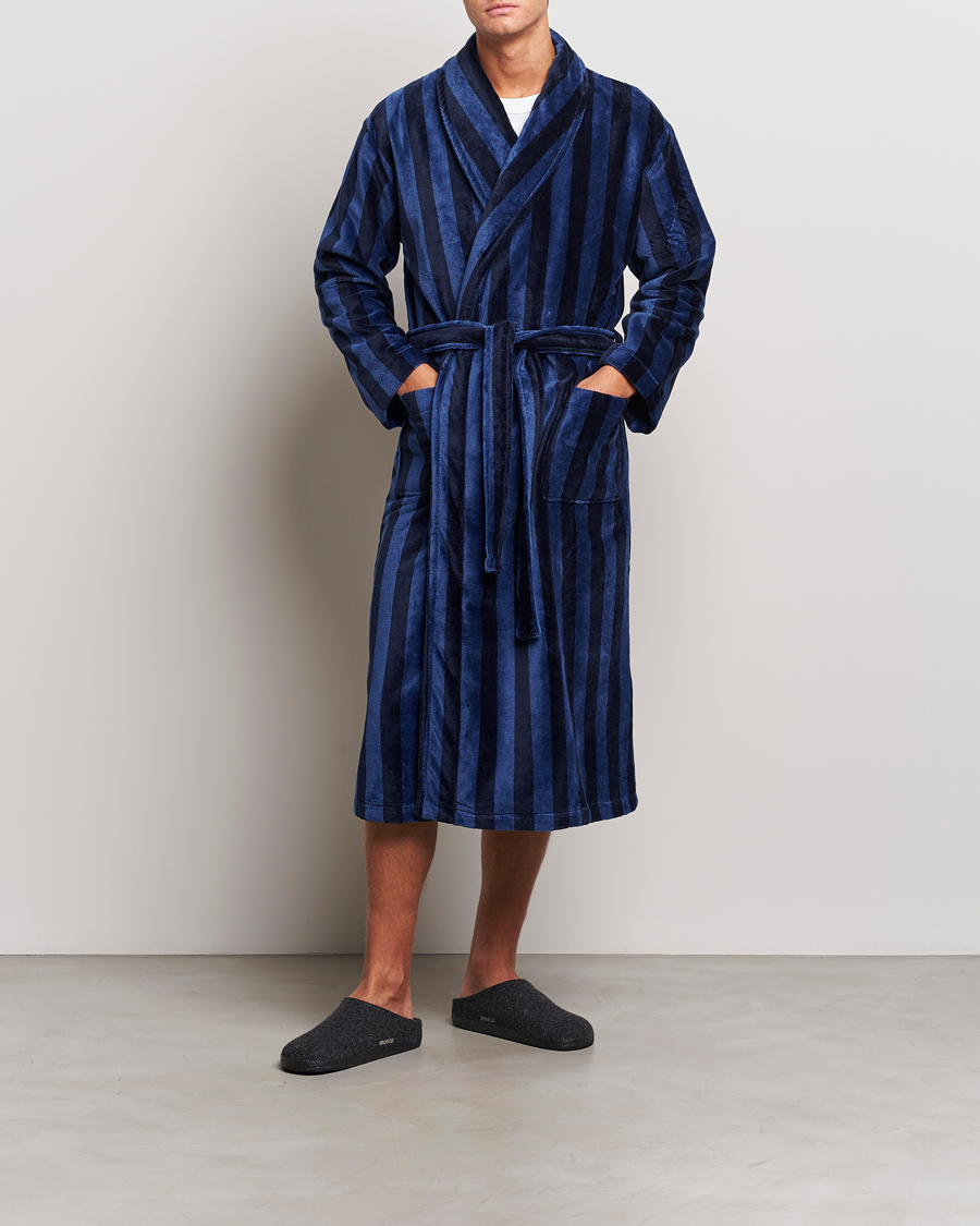 Heren | Pyjama's en gewaden | Derek Rose | Striped Cotton Velour Gown Navy