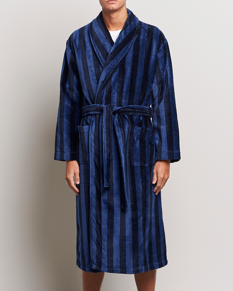 Heren | Badjassen | Derek Rose | Cotton Velour Striped Gown Navy/Blue