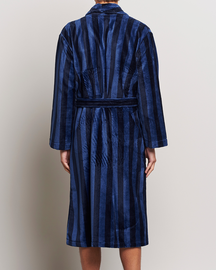 Heren | Pyjama's en gewaden | Derek Rose | Cotton Velour Striped Gown Navy/Blue