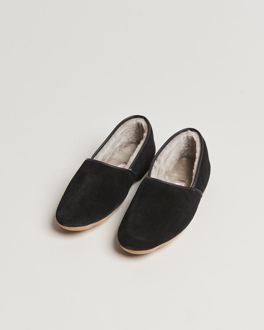 Heren | Derek Rose Crawford Sheepskin Suede Slippers Black | Derek Rose | Crawford Sheepskin Suede Slippers Black