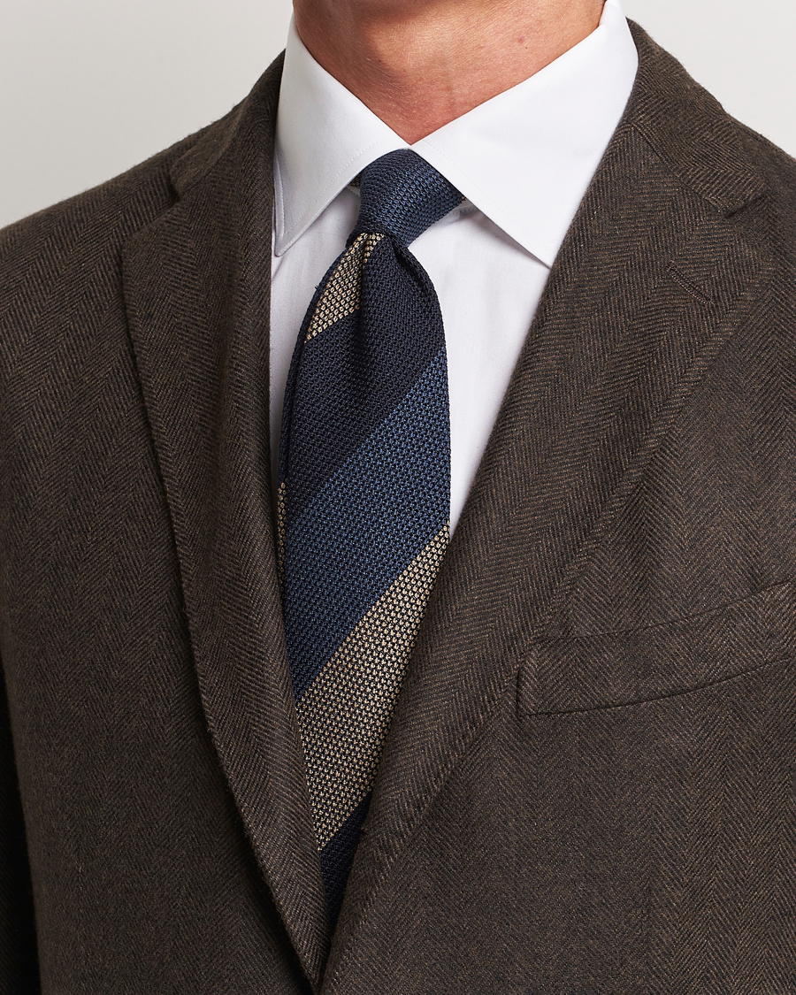 Heren | Stropdassen | Amanda Christensen | Silk Grenadine 8cm Block Striped Tie Navy/Blue/Beige