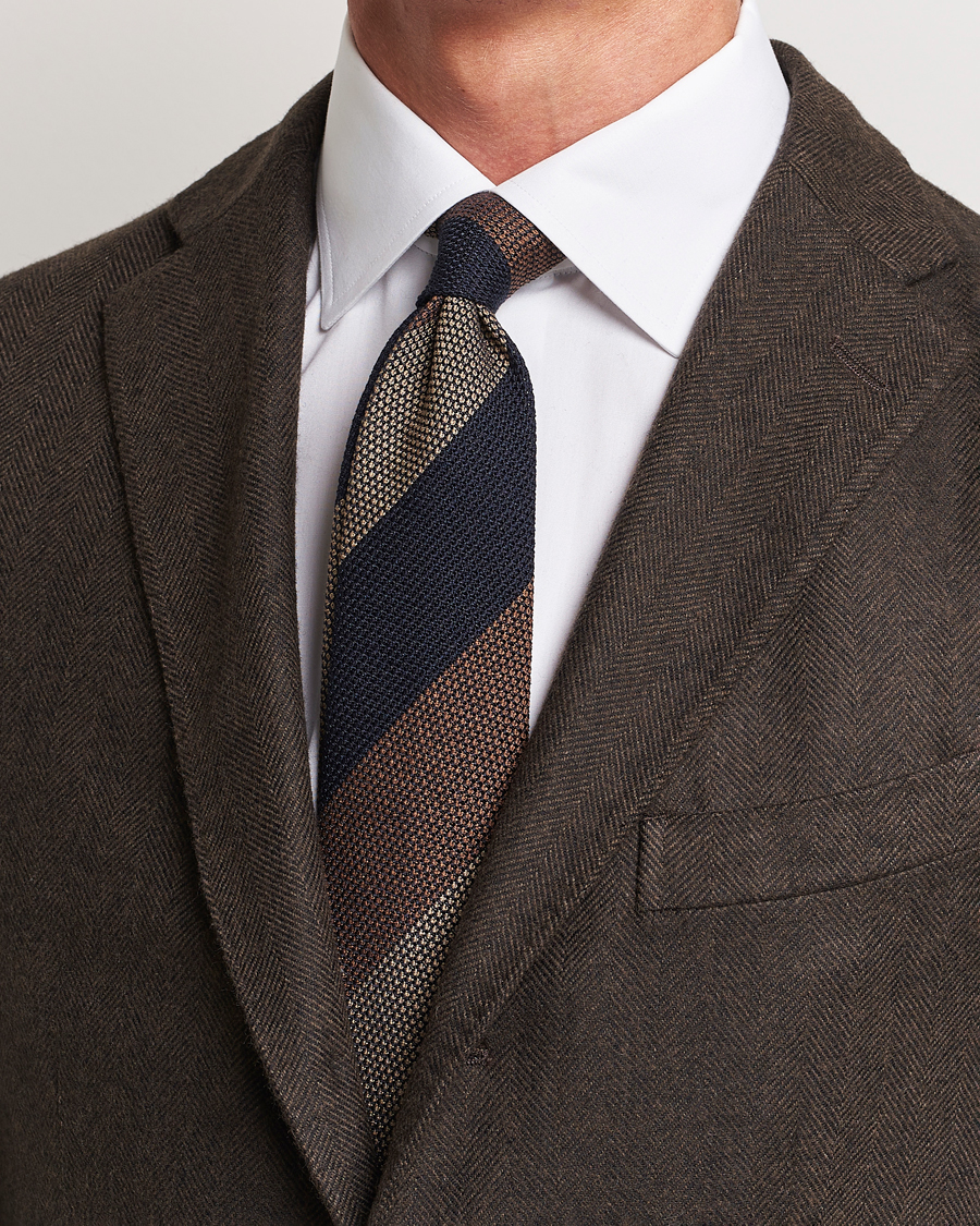 Heren | Stropdassen | Amanda Christensen | Silk Grenadine 8cm Block Striped Tie Brown/Navy/Beige