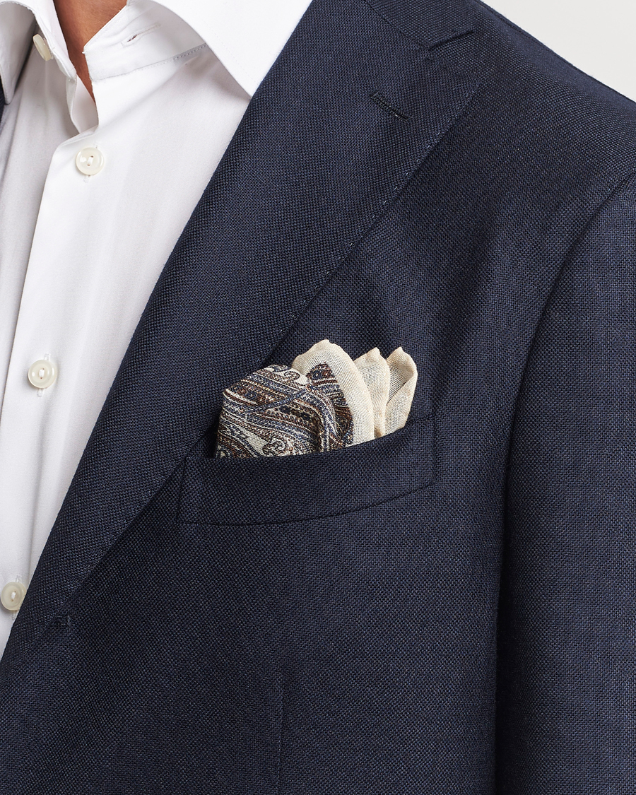 Heren | Pochets | Amanda Christensen | Wool Printed Large Paisley Pocket Square White
