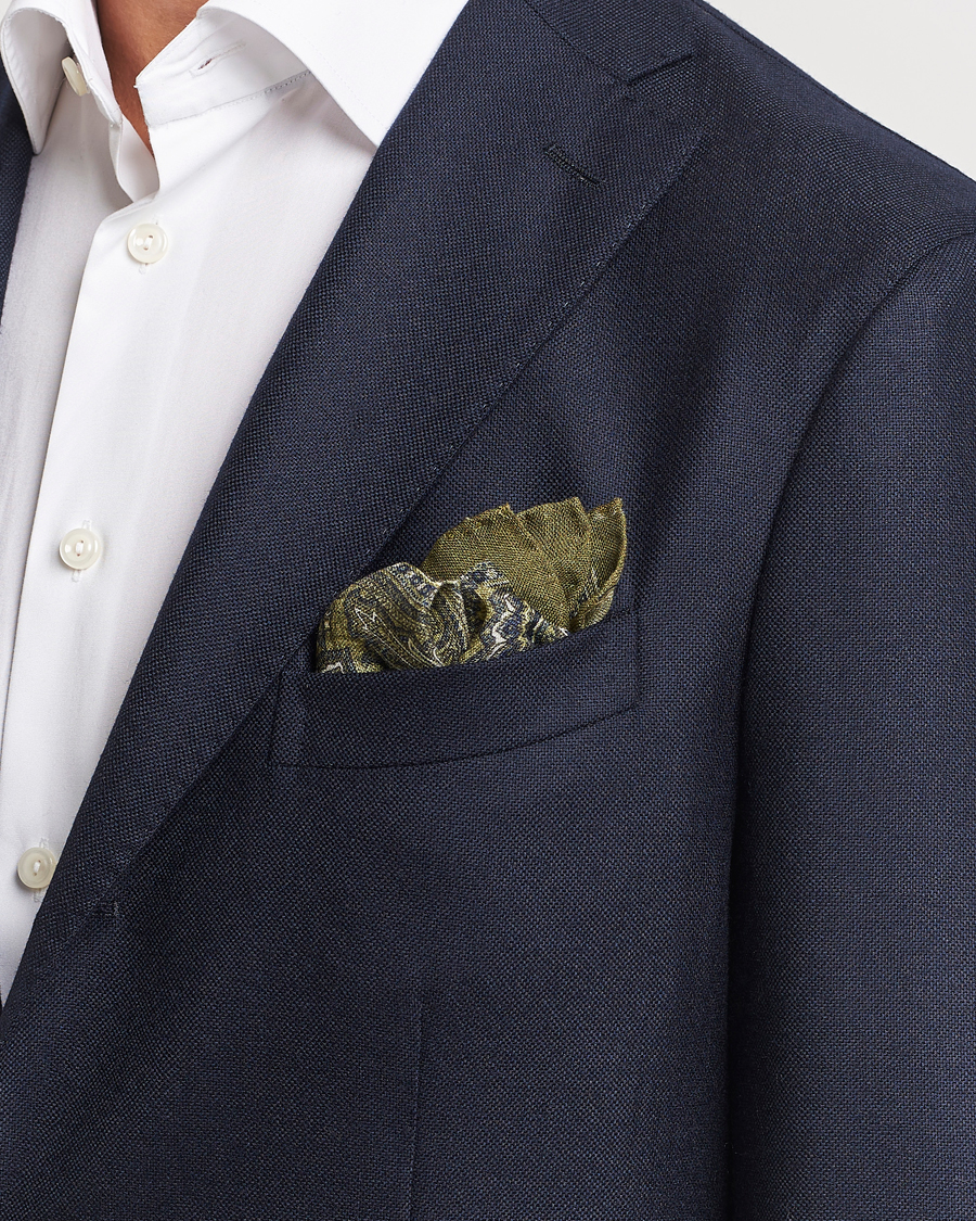 Heren |  | Amanda Christensen | Wool Printed Large Paisley Pocket Square Green Melange