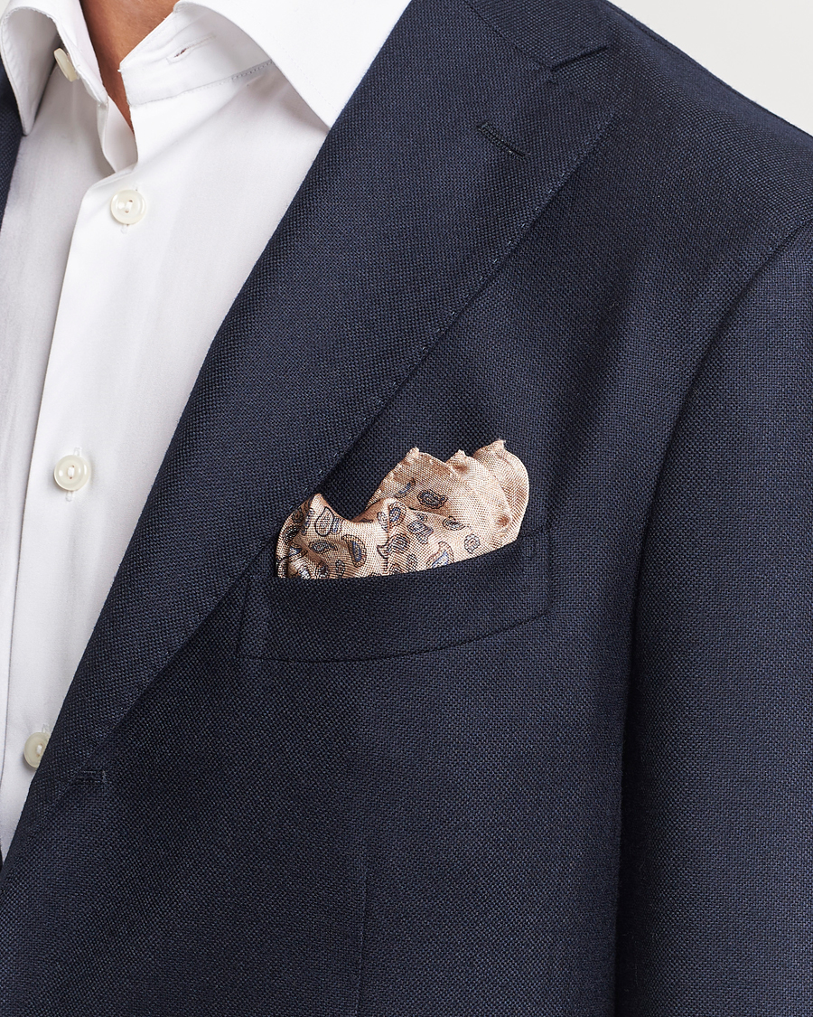 Heren | Pochets | Amanda Christensen | Silk Oxford Printed Paisley Pocket Square Creme