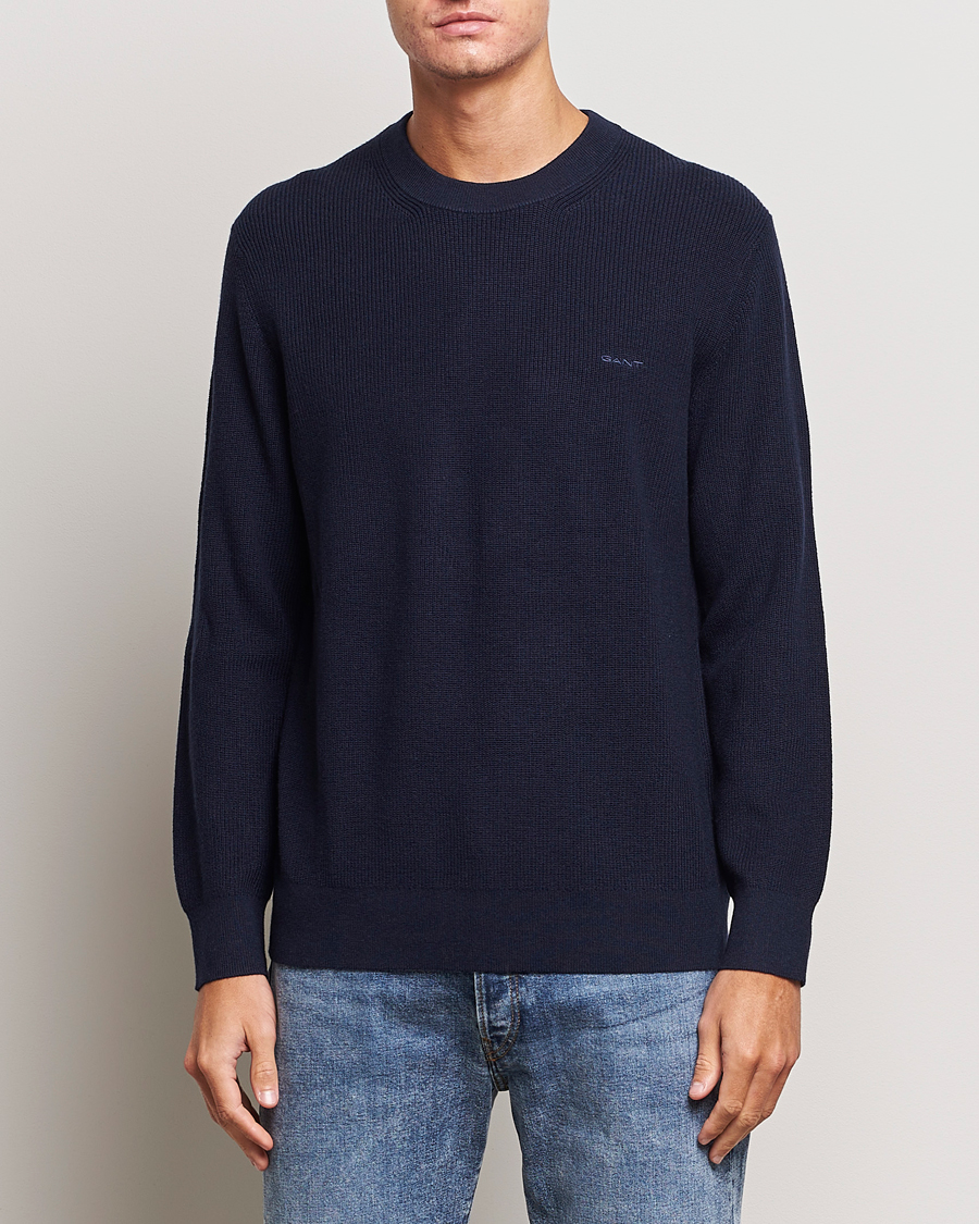 Heren | Truien | GANT | Cotton/Wool Rib Knitted Crew Neck Evening Blue