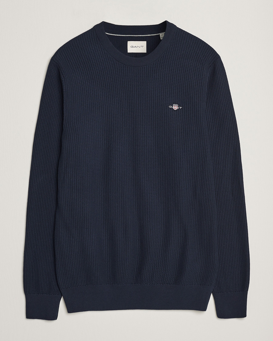 Heren | Truien | GANT | Cotton Micro Textured Crew Neck Evening Blue