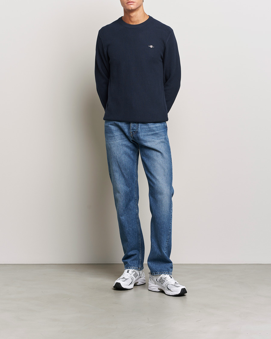 Heren | Truien | GANT | Cotton Micro Textured Crew Neck Evening Blue