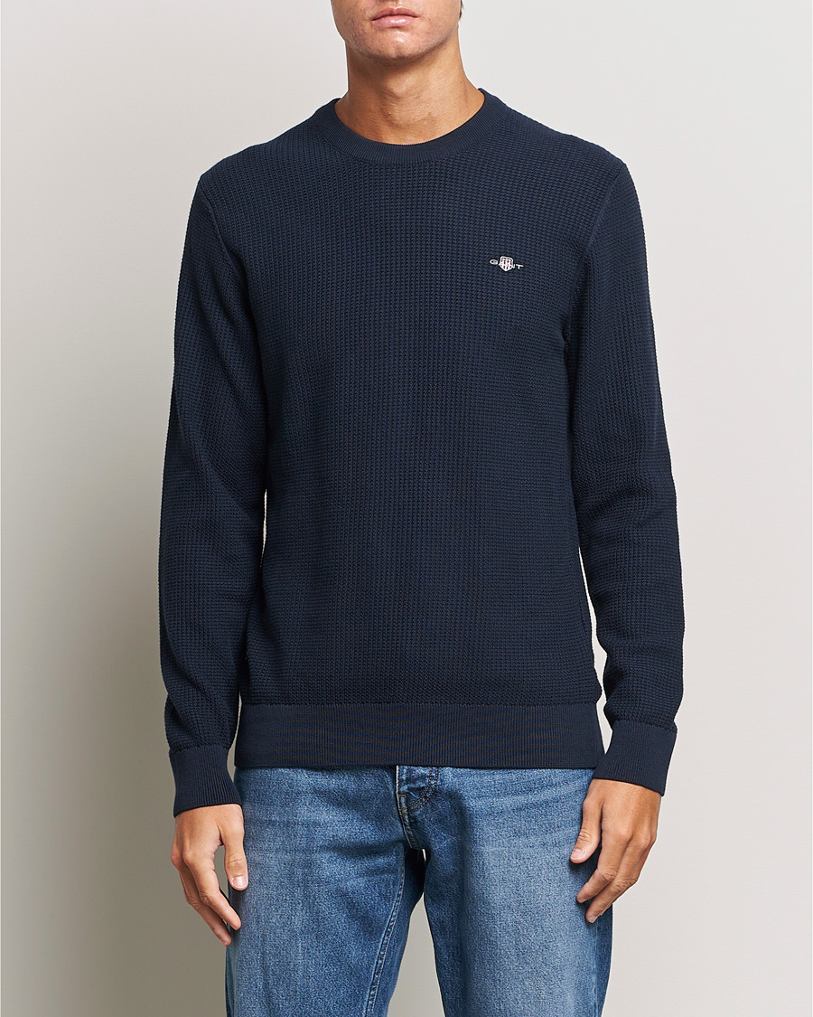 Heren | Truien | GANT | Cotton Micro Textured Crew Neck Evening Blue