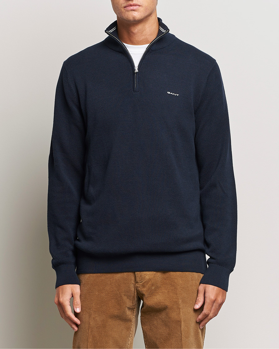 Heren | GANT | GANT | Cotton Pique Half-Zip Sweater Evening Blue