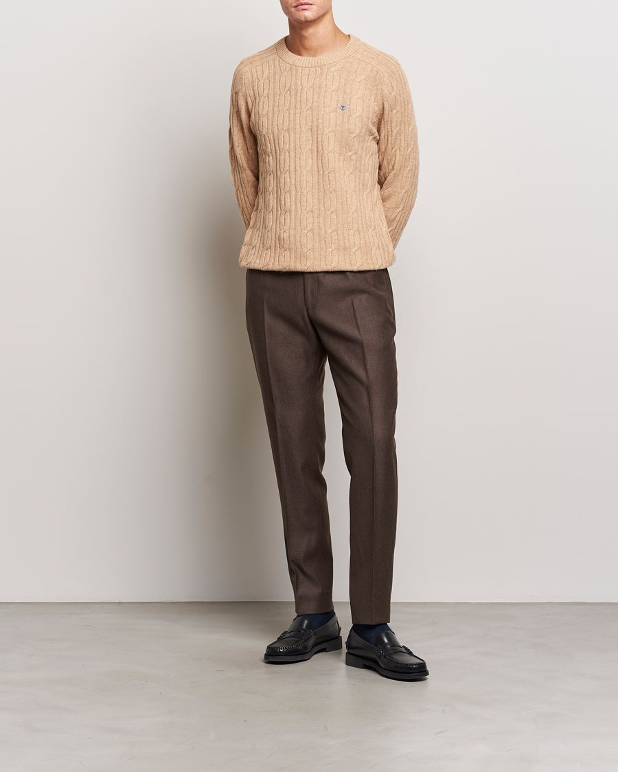 Heren | Truien | GANT | Lambswool Cable Crew Neck Pullover Khaki Melange