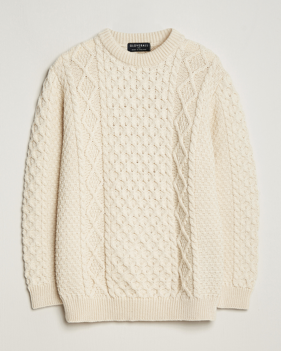Heren | Truien | Gloverall | Merino Wool Aran Cable Knitted Crew Neck Ecru