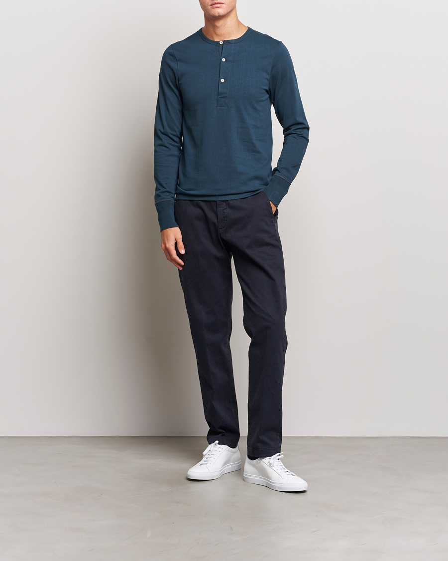 Heren | Truien | Merz b. Schwanen | Classic Organic Cotton Henley Mineral Blue