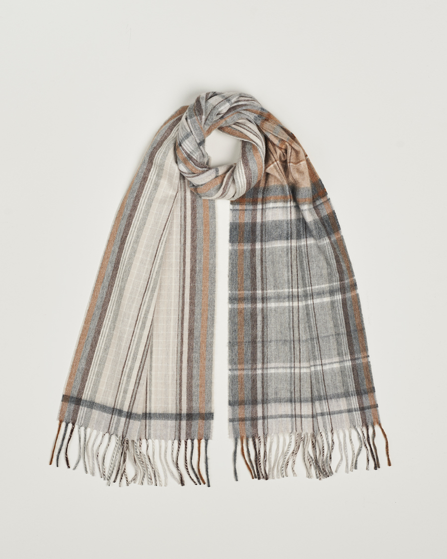 Heren | Begg & Co Striped/Checked Cashmere Scarf 36*183cm Natural Grey | Begg & Co | Striped/Checked Cashmere Scarf 36*183cm Natural Grey