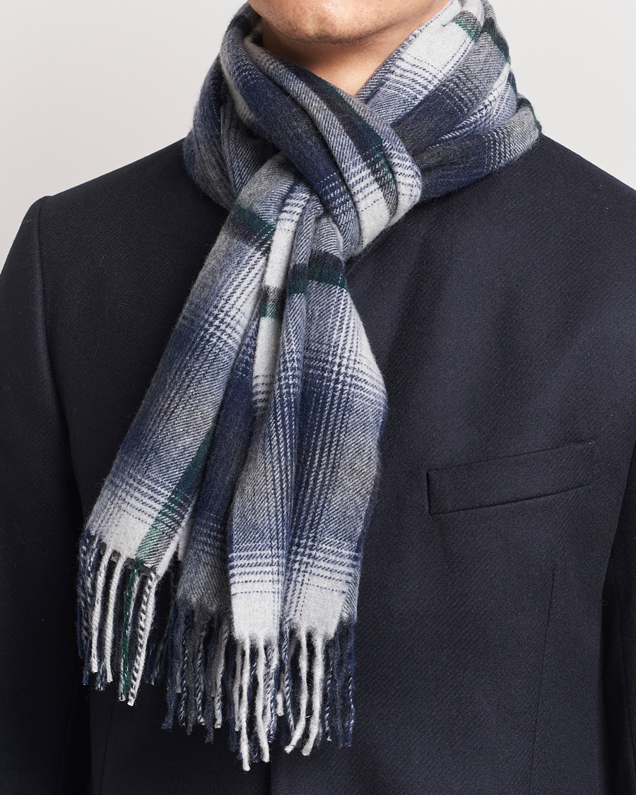 Heren |  | Begg & Co | Wool/Cashmere Shadow Check Scarf 32*180cm Silver/Navy