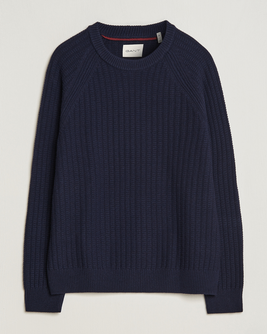 Heren | Truien | GANT | Textured Raglan Knitted Crew Neck Evening Blue
