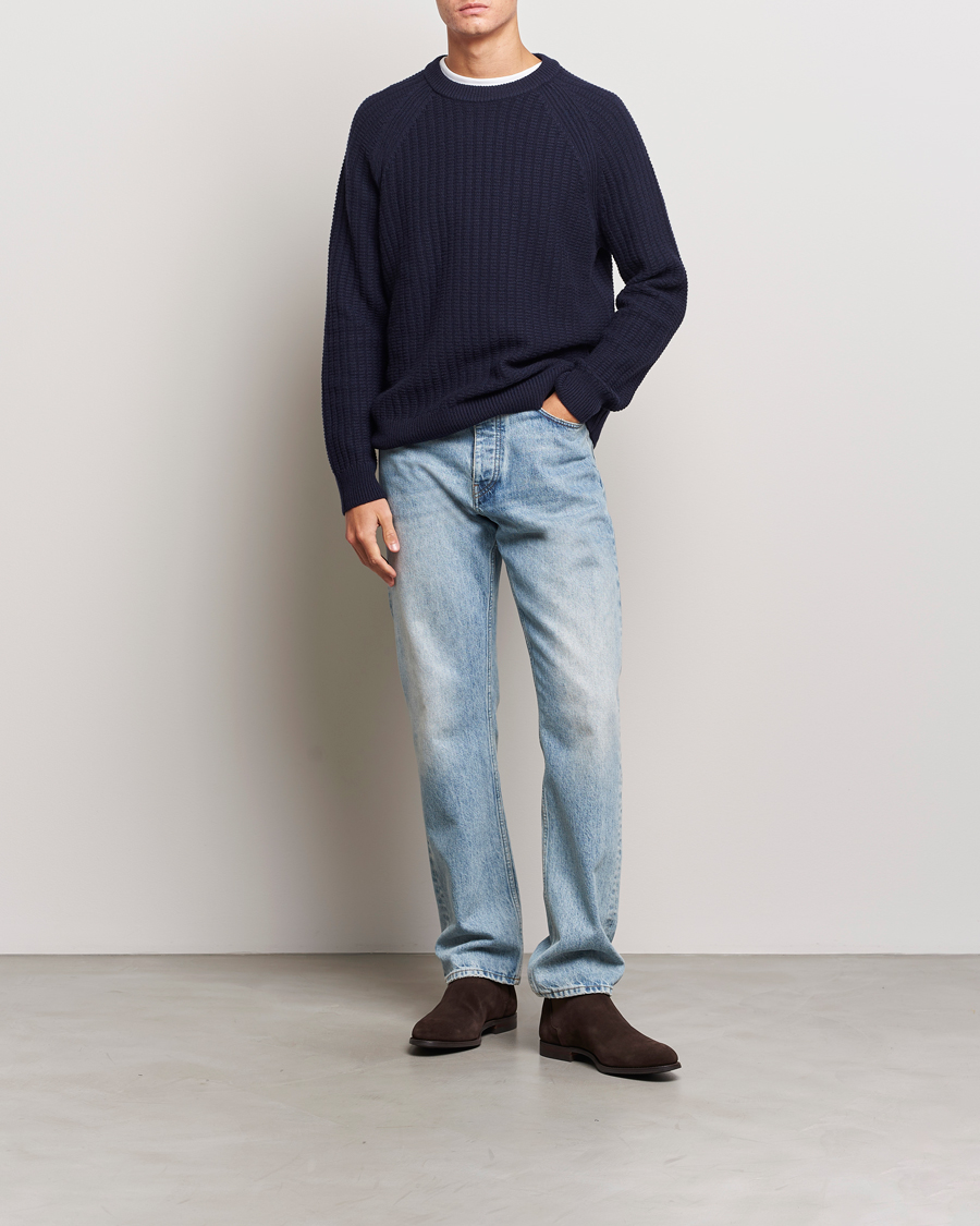 Heren | Truien | GANT | Textured Raglan Knitted Crew Neck Evening Blue