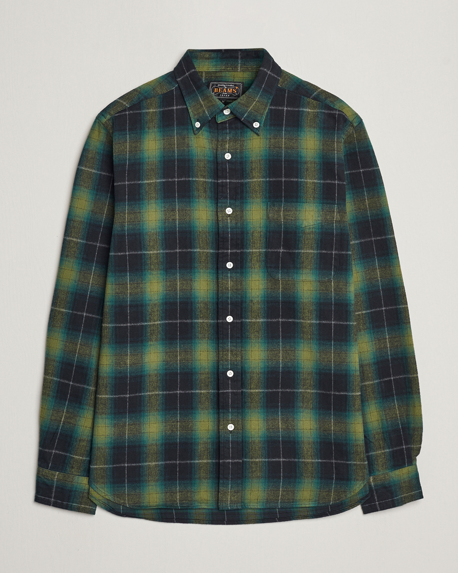 Heren | BEAMS PLUS | BEAMS PLUS | Shaggy Flannel Button Down Shirt Green Check