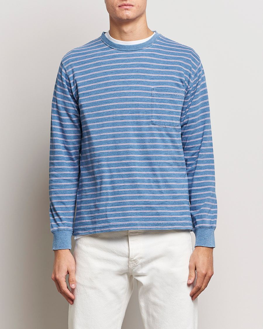 Heren | BEAMS PLUS | BEAMS PLUS | Indigo Stripe Long Sleeve T-Shirt Light Blue