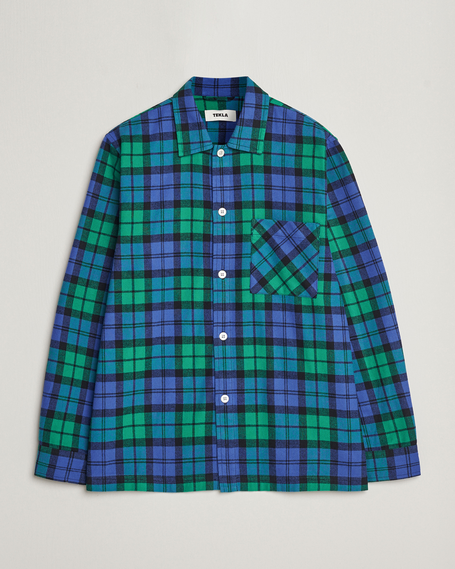 Heren | Pyjama's en gewaden | Tekla | Flannel Checked Pyjama Shirt Green/Blue
