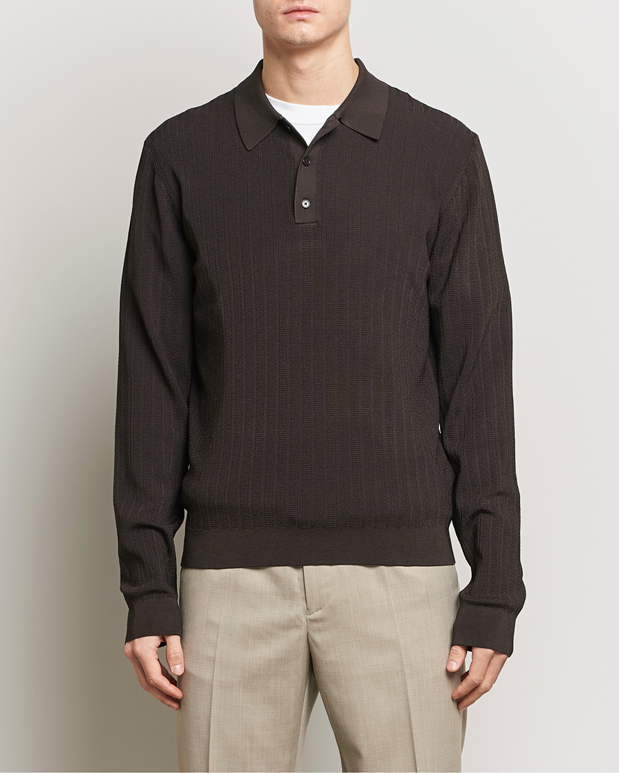 Heren | Truien | Filippa K | Structured Knitted Polo Dark Oak