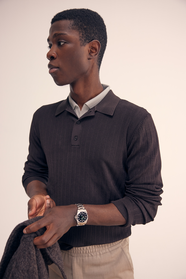 Heren | Truien | Filippa K | Structured Knitted Polo Dark Oak