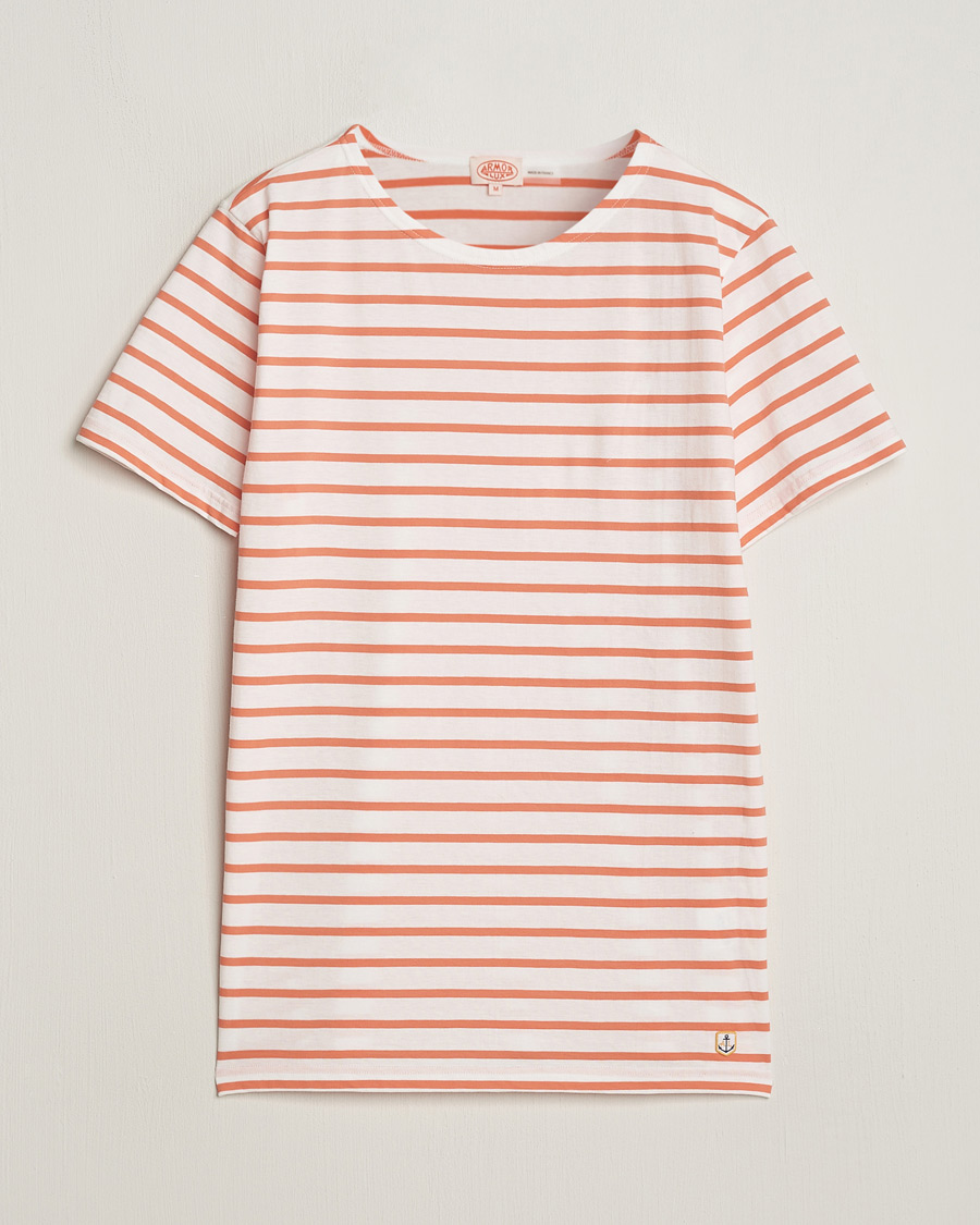 Heren | T-shirts | Armor-lux | Hoëdic Boatneck Héritage Stripe T-shirt Milk/Coral
