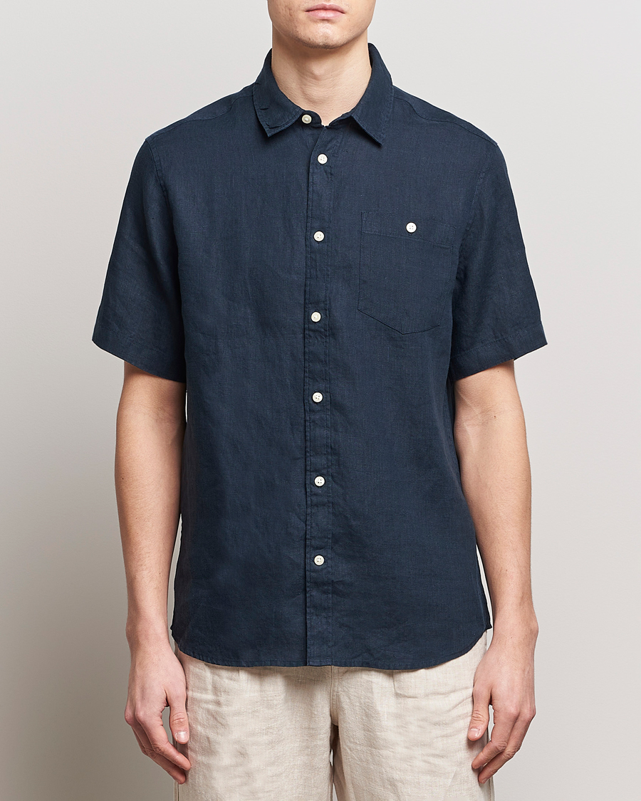 Heren | Overhemden met korte mouwen | KnowledgeCotton Apparel | Regular Short Sleeve Linen Shirt Total Eclipse