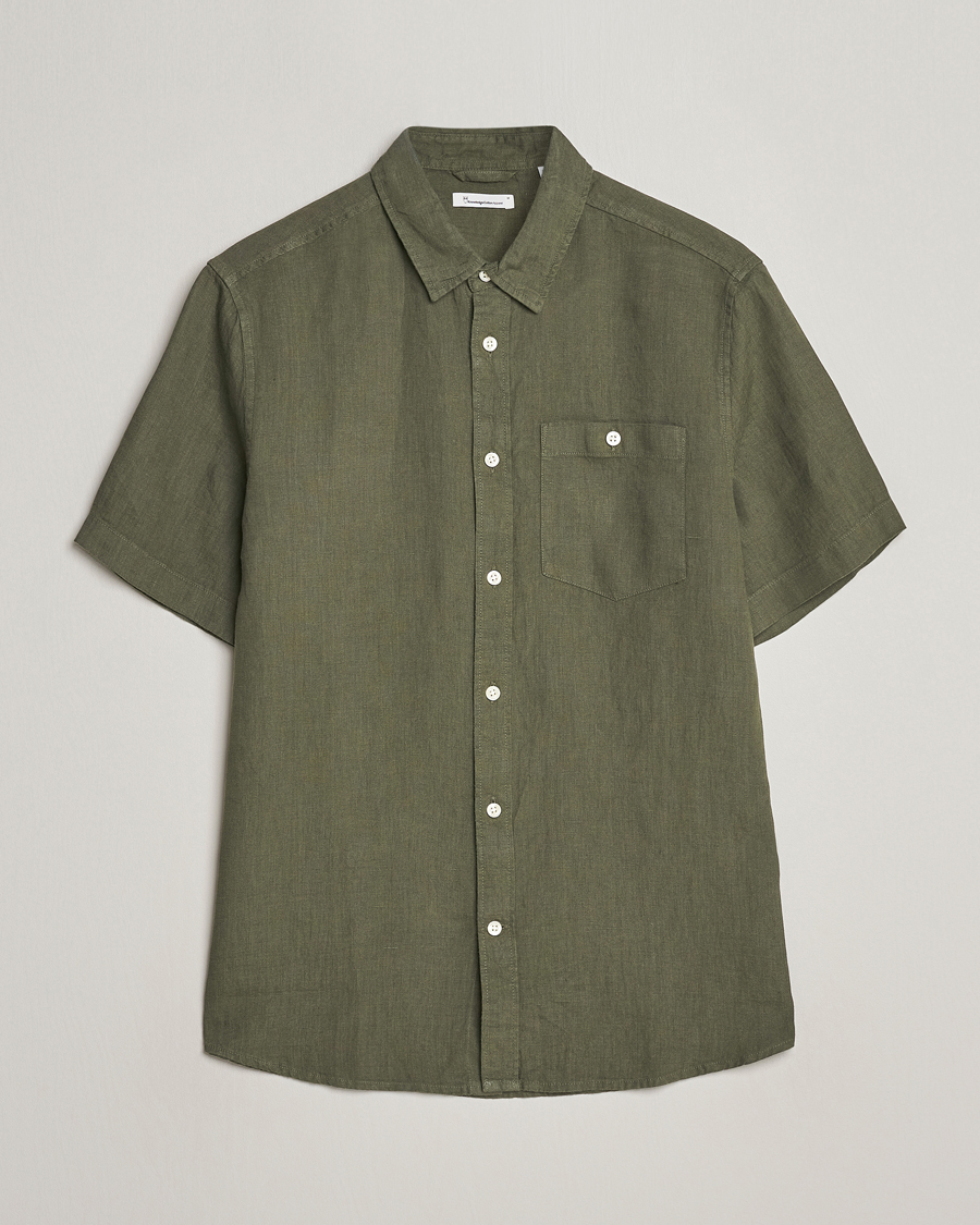 Heren | Overhemden | KnowledgeCotton Apparel | Regular Short Sleeve Linen Shirt Burned Olive