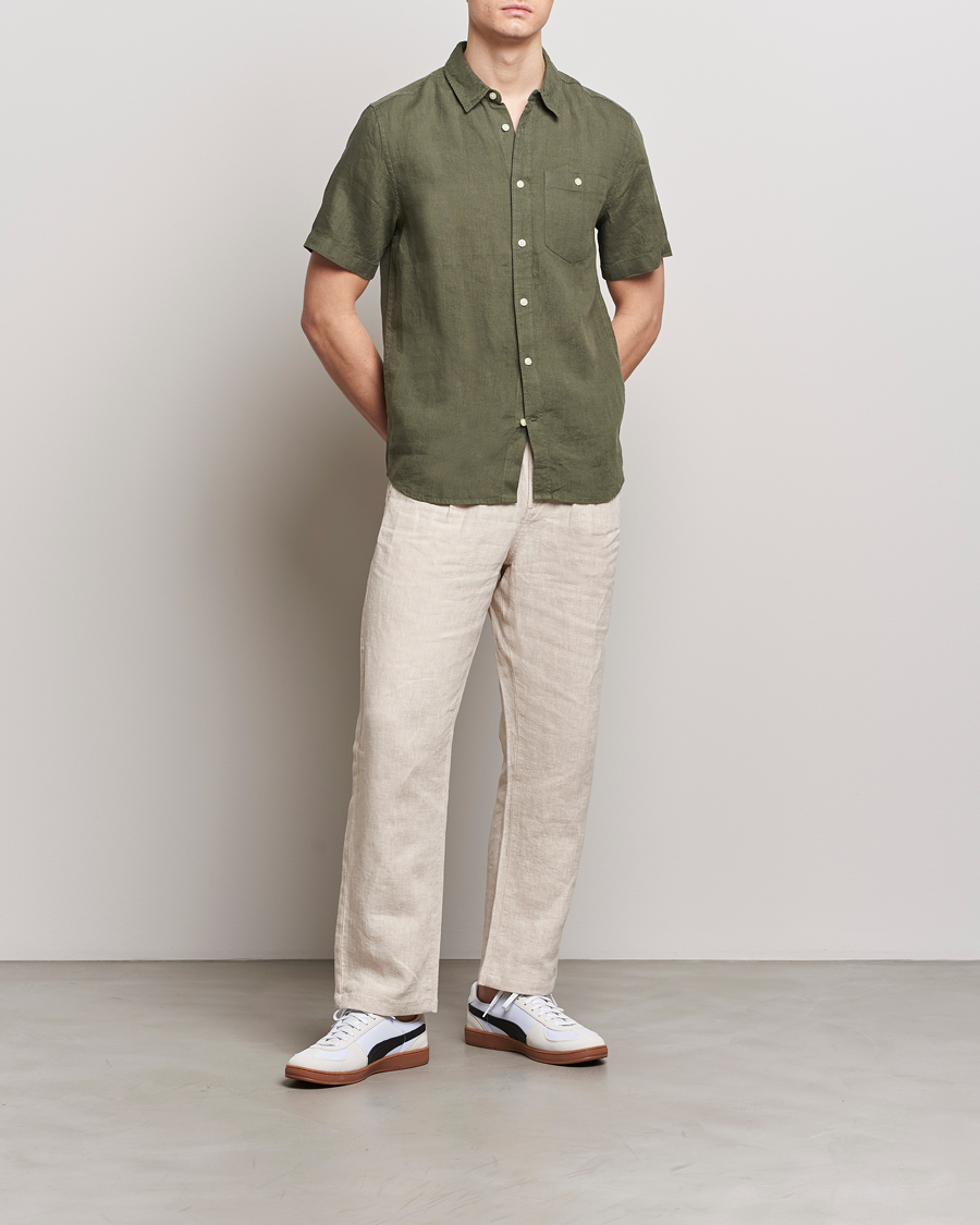 Heren | Overhemden | KnowledgeCotton Apparel | Regular Short Sleeve Linen Shirt Burned Olive