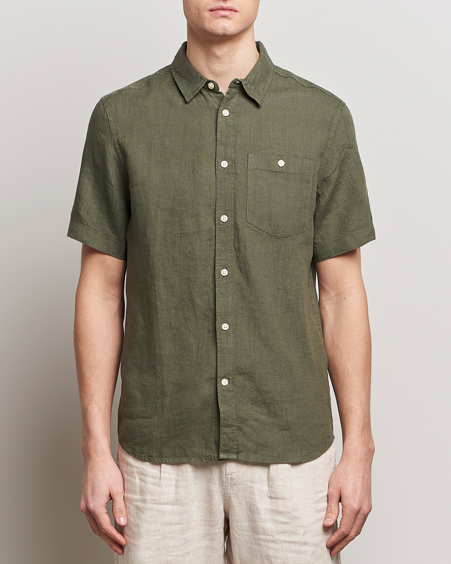 Heren | Overhemden | KnowledgeCotton Apparel | Regular Short Sleeve Linen Shirt Burned Olive
