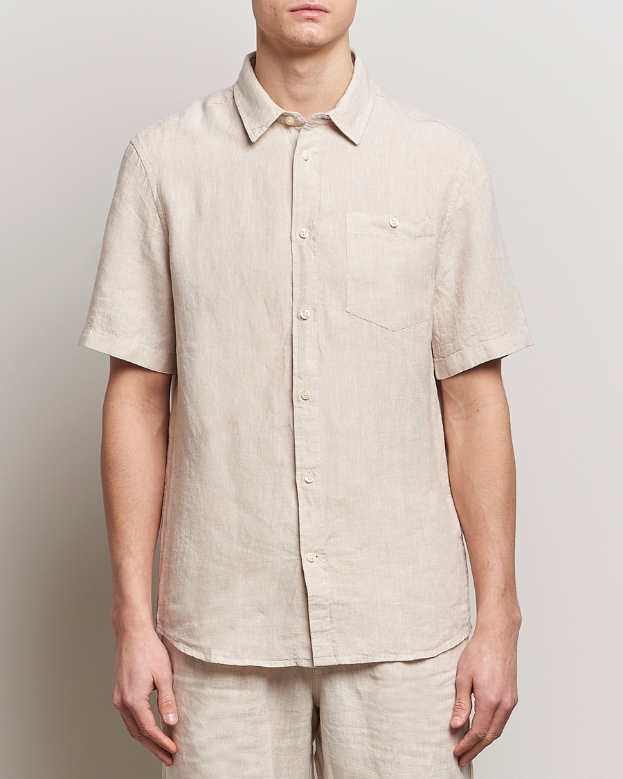 Heren |  | KnowledgeCotton Apparel | Regular Short Sleeve Linen Shirt Yarndyed Beige