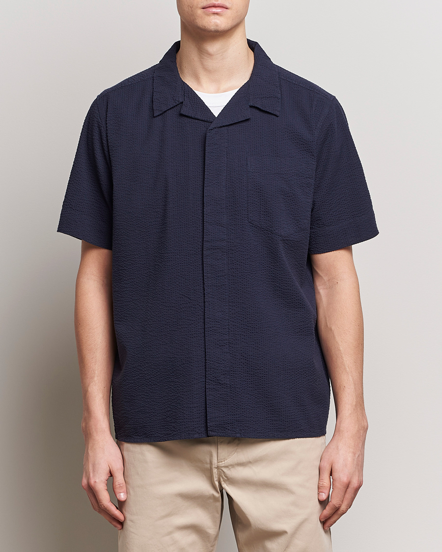 Heren | Overhemden | KnowledgeCotton Apparel | Short Sleeve Seersucker Shirt Night Sky