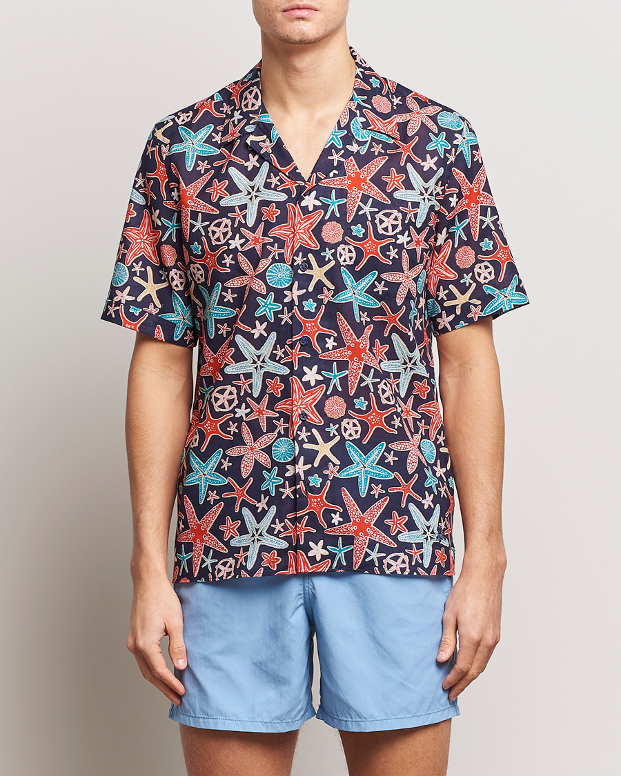 Heren | Overhemden | Vilebrequin | Charli Cotton/Linen Short Sleeve Shirt Bleu Marine